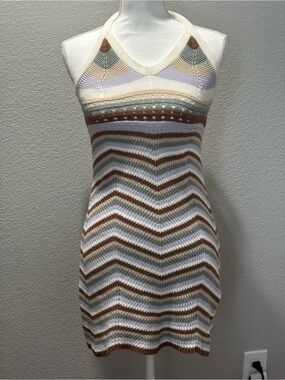 Pink Rose Striped Knit Halter Mini Open Knit Dress in Cream, Brown & Light Blue
